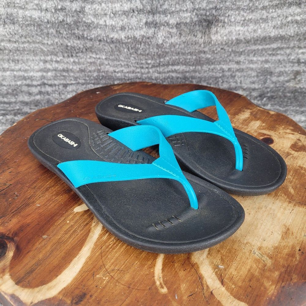 Okabashi Sandals Womens Small Black Aqua Blue Thongs USA Comfort Relax Casual